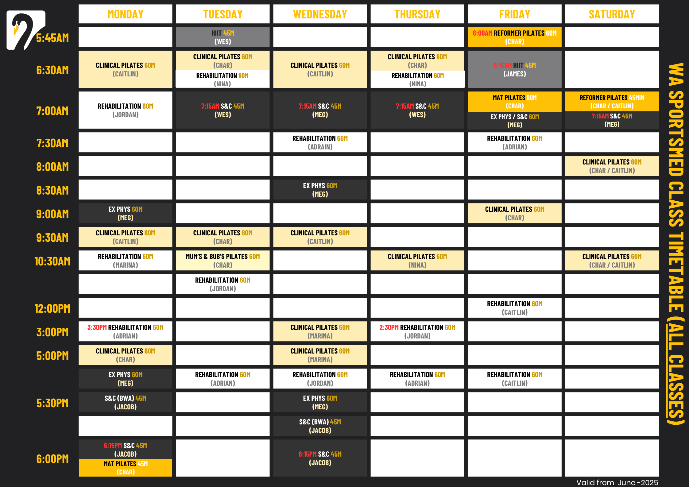 WA SportsMed class timetable