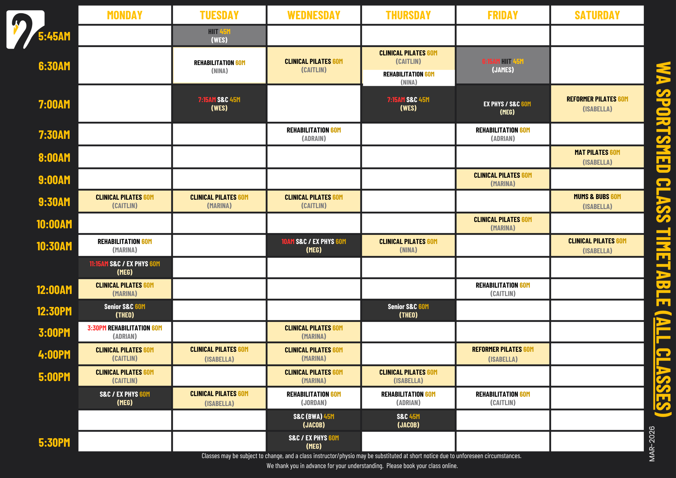 WA SportsMed Exercise Physiology Class Timetable