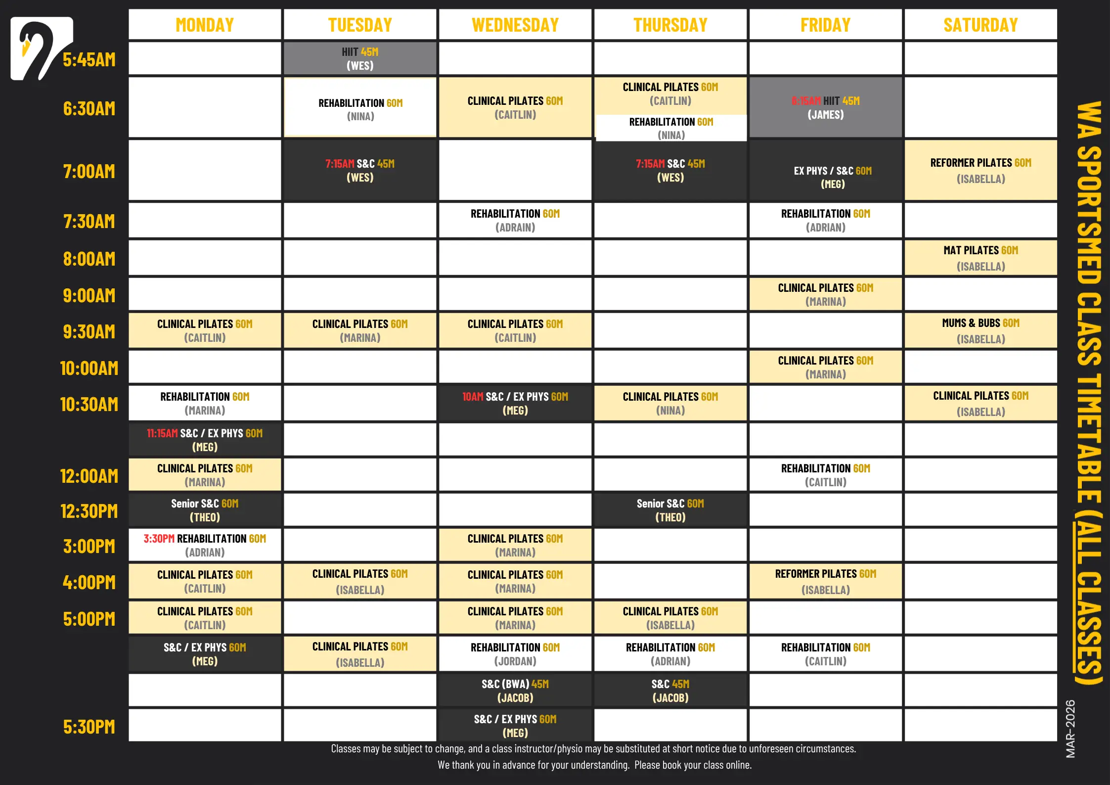 WA SportsMed Class timetable