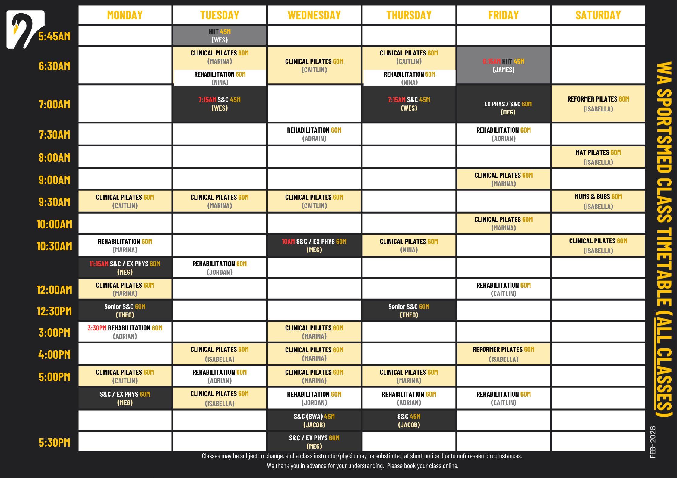 WA SportsMed Exercise Physiology Class Timetable
